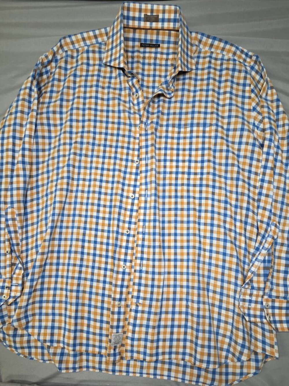 Peter Millar Orange Blue Gingham Check Long Sleeve Cotton Shirt Mens XXL